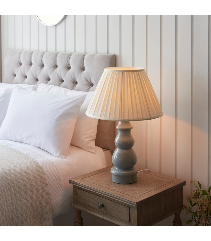 Provence & Carla Base & Shade Tall Table Lamp Blue Grey Glaze Satin Nickel Plate & Cream Fabric-3