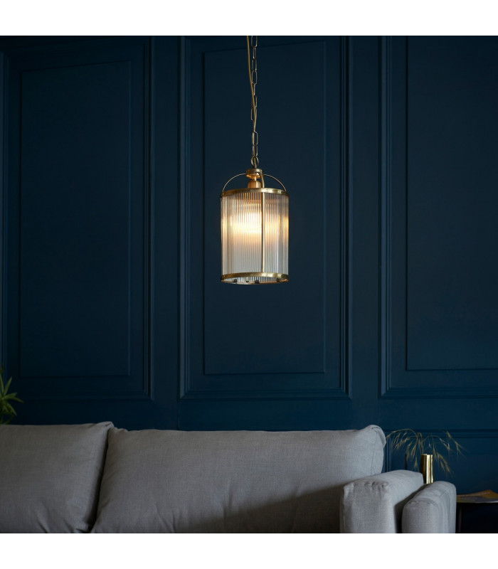 Lambeth Ribbed Glass Single Ceiling Pendant Antique Brass-3