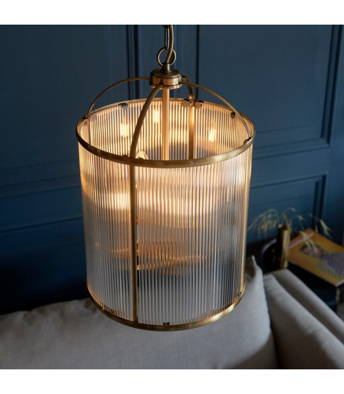 Lambeth Ribbed Glass 4 Light Ceiling Pendant Antique Brass-4