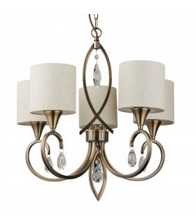 5 Light Multi Arm Ceiling Pendant Antique Brass, Cream with Crystals, E14 - 2