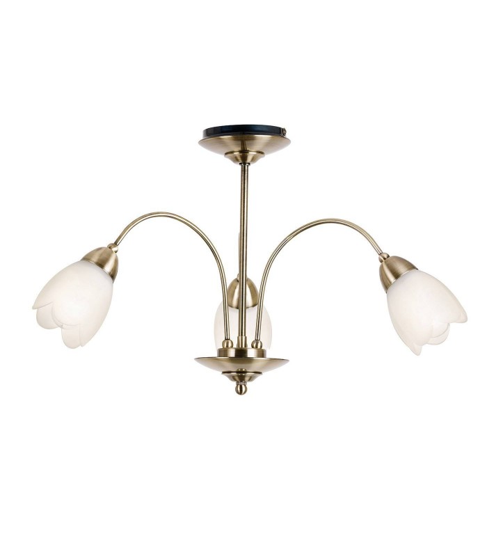 3 Light Semi Flush Multi Arm Ceiling Light Antique Brass, Opal Glass, E14 - 1