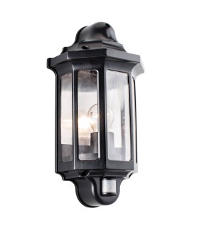 PIR Outdoor Wall Lantern Satin Black Paint, Clear Polycarbonate IP44, E27 - 1