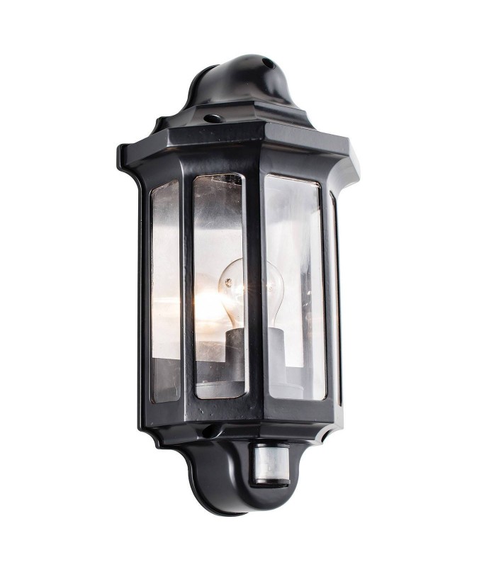 PIR Outdoor Wall Lantern Satin Black Paint, Clear Polycarbonate IP44, E27 - 1