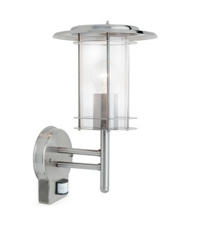PIR 1 Light Outdoor Wall Lantern Polished Stainless Steel, Clear Polycarbonate IP44, E27 - 1