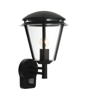 PIR 1 Light Outdoor Wall Lantern Matt Black, Clear Polycarbonate IP44, E27 - 1