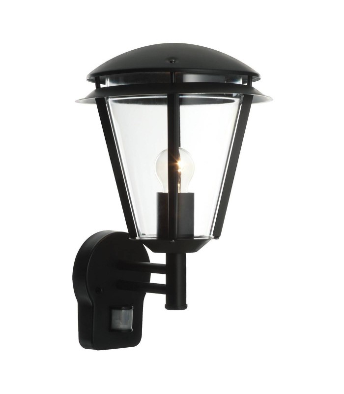 PIR 1 Light Outdoor Wall Lantern Matt Black, Clear Polycarbonate IP44, E27 - 1