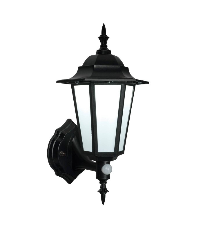 PIR 1 Light Outdoor Wall Lantern Frosted Polycarbonate, Matt Black Textured IP44, E27 - 1