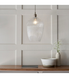 Livorno Dome Pendant Ceiling Light Bright Nickel Plate Clear Ribbed Glass-2