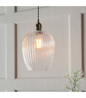 Livorno Dome Pendant Ceiling Light Bright Nickel Plate Clear Ribbed Glass-2
