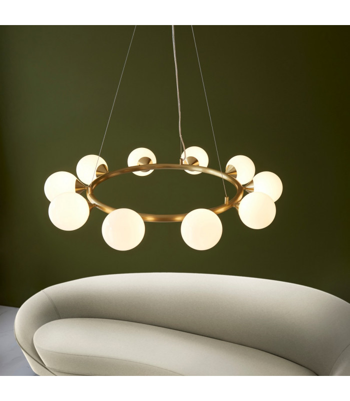 Grosseto Globe Pendant Ceiling Light Satin Brass Plate Gloss White Glass-3