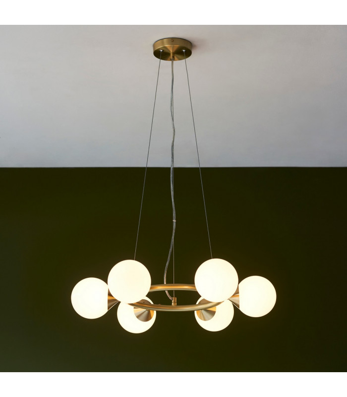 Grosseto Globe Pendant Ceiling Light Satin Brass Plate Gloss White Glass-2