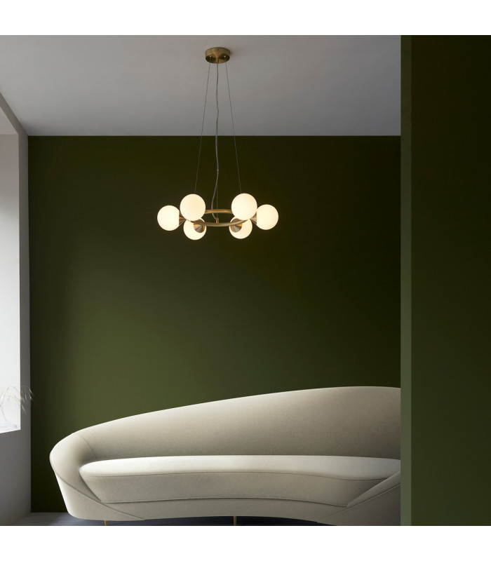 Grosseto Globe Pendant Ceiling Light Satin Brass Plate Gloss White Glass-3
