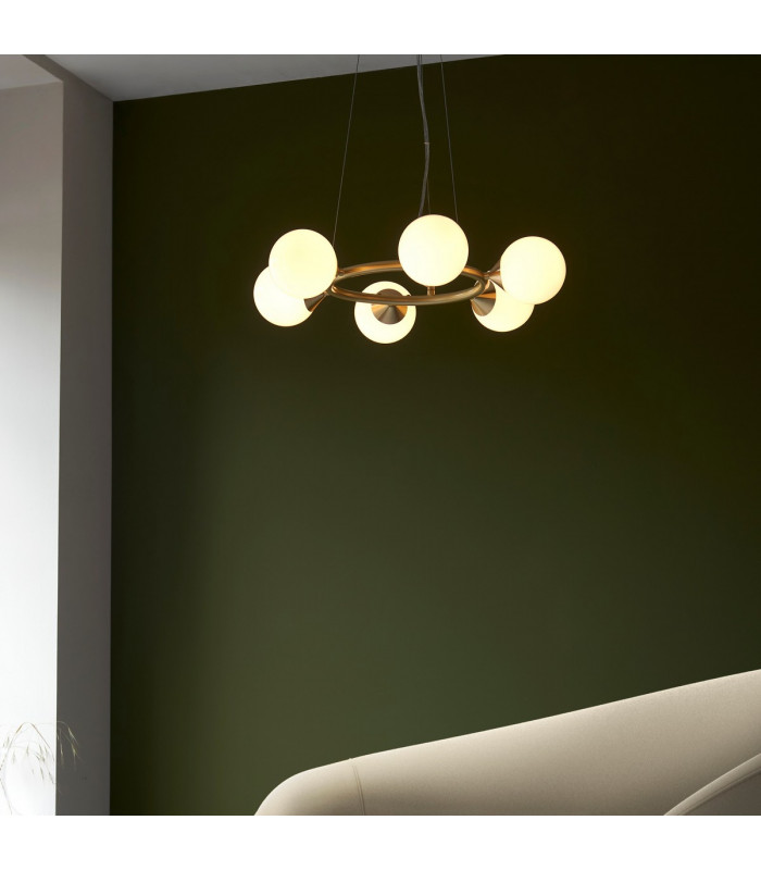 Grosseto Globe Pendant Ceiling Light Satin Brass Plate Gloss White Glass-4