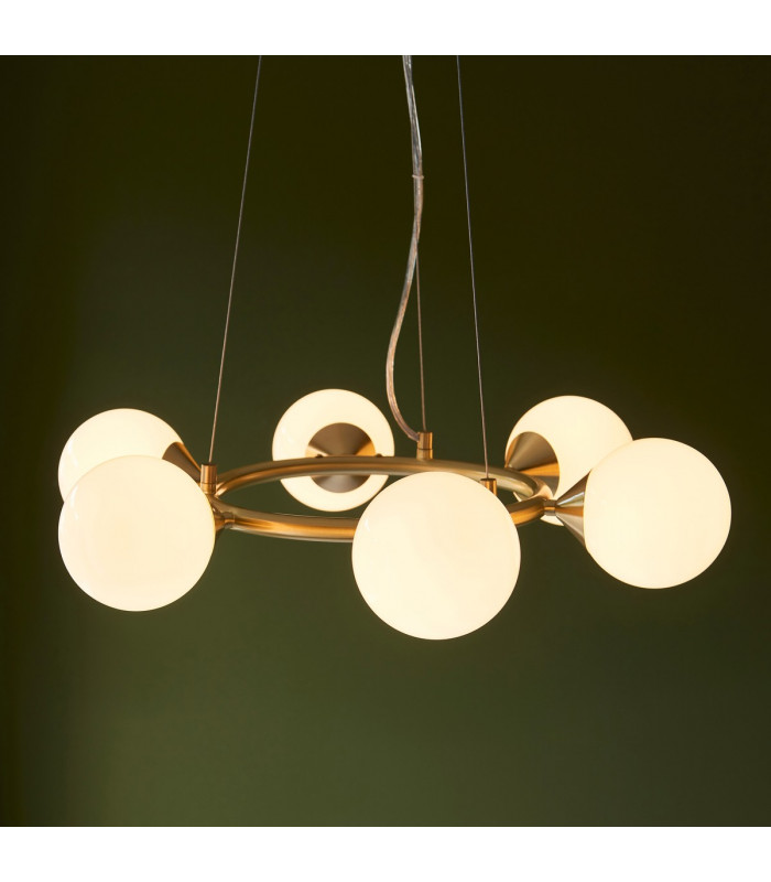 Grosseto Globe Pendant Ceiling Light Satin Brass Plate Gloss White Glass-5