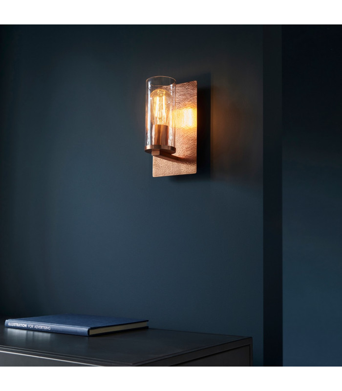Palermo Wall Lamp Hammered Copper Plate Textured Clear Glass-3
