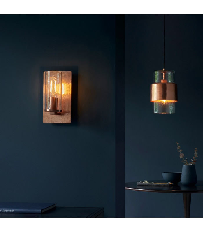 Palermo Wall Lamp Hammered Copper Plate Textured Clear Glass-7