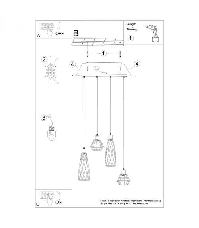 Suba Industrial Bar Pendant Ceiling Light Black 4x E27-6