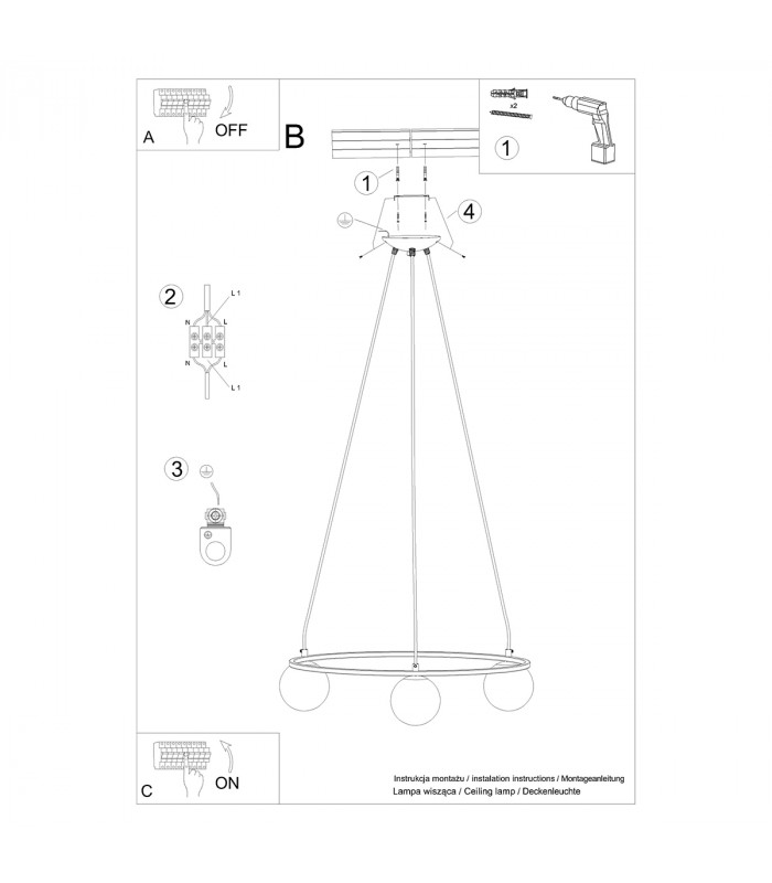 Yoli Modern Globe Pendant Ceiling Light Black 3x G9-6