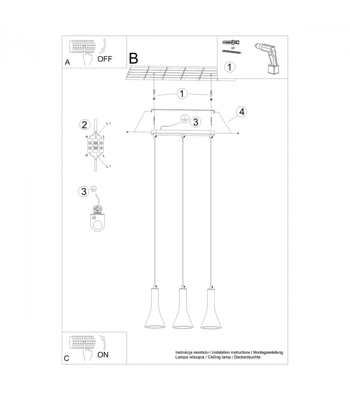 Rea Modern Bar Pendant Ceiling Light Concrete 3x E14-6
