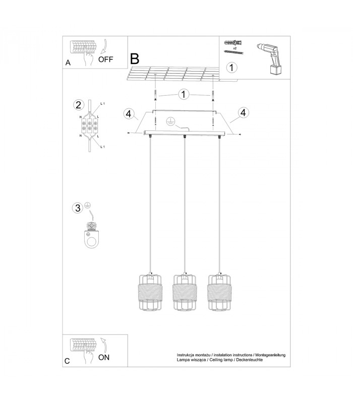 Gizur Industrial Bar Pendant Ceiling Light Black 3x E27-6