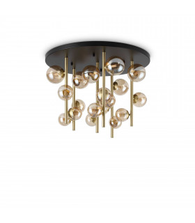 Perlage 18 Light Globe Ceiling Light Brass Amber Glass Shade