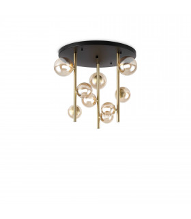 Perlage 9 Light Globe Ceiling Light Brass Amber Glass Shade