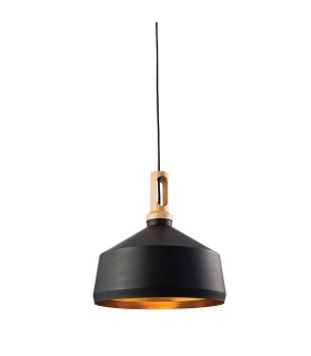 1 Light Dome Ceiling Pendant Matt Black, Light Effect Wood, E27 - 1