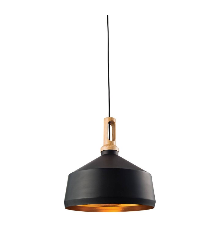 1 Light Dome Ceiling Pendant Matt Black, Light Effect Wood, E27 - 1