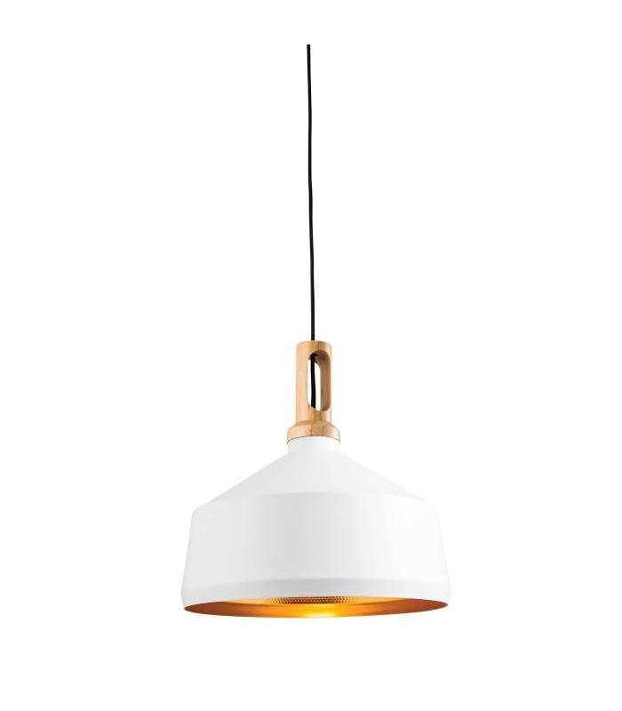 1 Light Dome Ceiling Pendant Matt White Paint, Light Effect Wood, E27 - 1