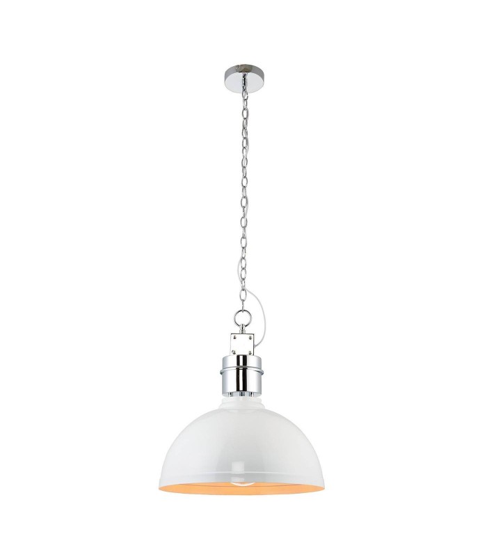 1 Light Dome Ceiling Pendant Satin Chrome, Gloss White, E27 - 1