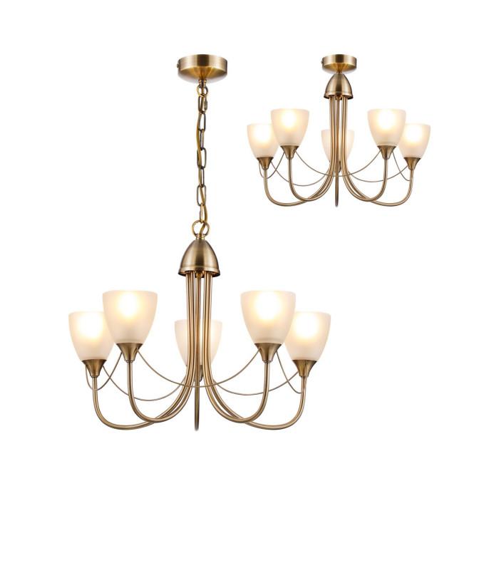 Cooper Ceiling 5 Light Pendant Convertible To Semi Flush E14 Antique Brass/Opal Glass-1