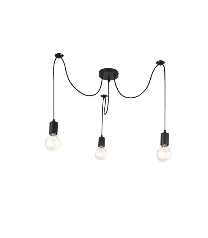 Dreifa 2m Spider Pendant  3 Light Black/Black Cable E27 Max 20W c/w Distribution Box & Cable Support Brackets-5