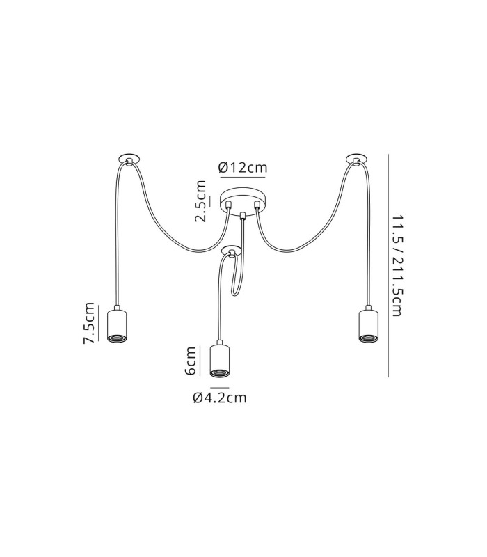 Dreifa 2m Spider Pendant  3 Light Black/Black Cable E27 Max 20W c/w Distribution Box & Cable Support Brackets-7