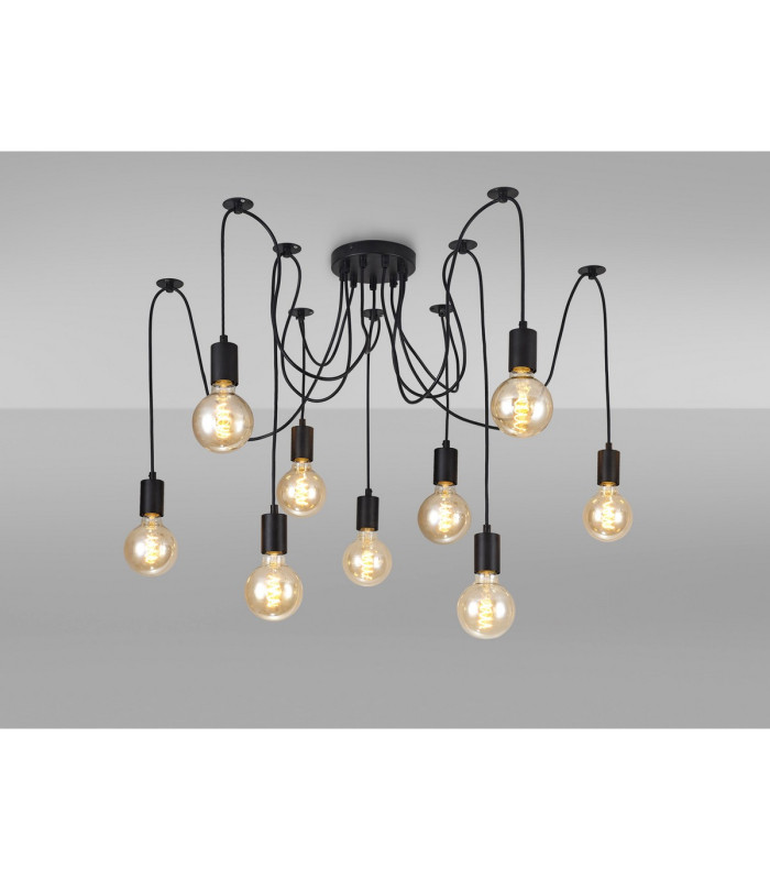 Dreifa 2.5m Spider Pendant  9 Light Black/Black Cable E27 Max 20W c/w Distribution Box & Cable Support Brackets-2