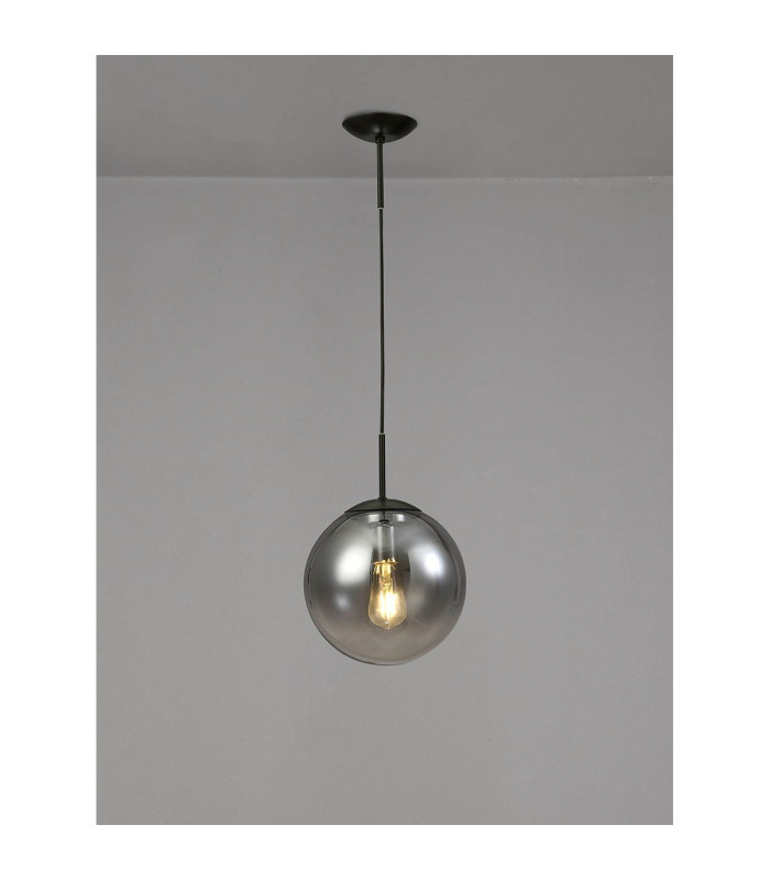 Miranda 25cm Ball Pendant 1 Light E27 Black Suspension With Matt Black/Smoke Fade Glass Globe-2