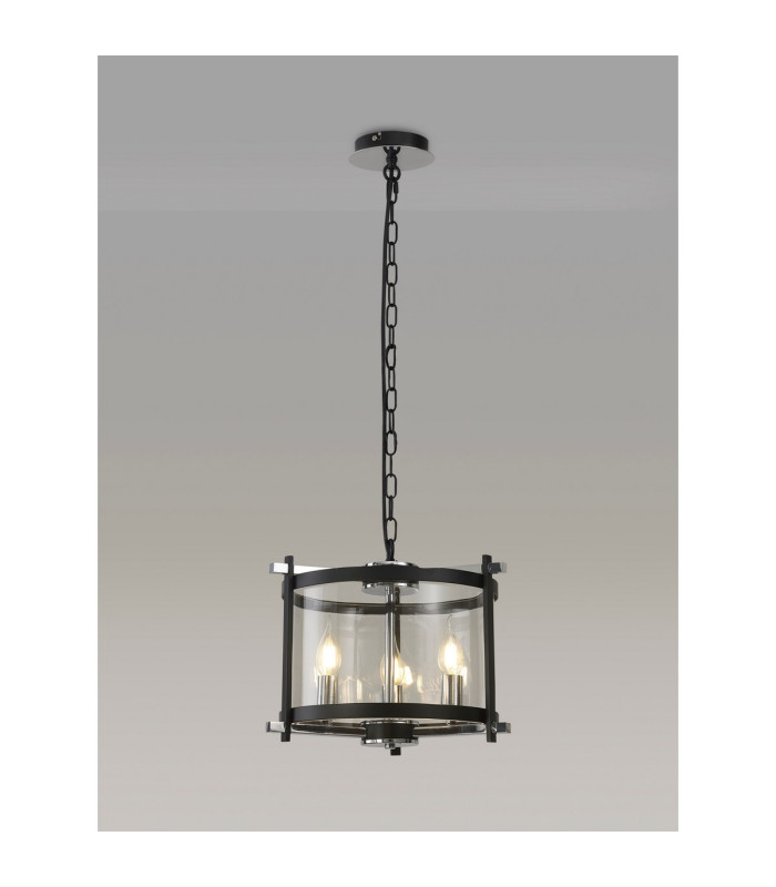 Nolan Single 36cm Pendant 3 Light E14 Black With Polished Chrome Detail And Clear Glass-2