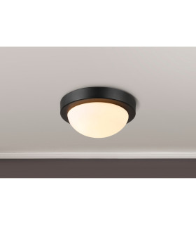 Porter IP44 1 Light E27 21cm Flush Ceiling Light Satin Black With Opal White Glass-2