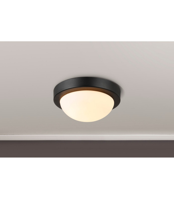 Porter IP44 1 Light E27 21cm Flush Ceiling Light Satin Black With Opal White Glass-2
