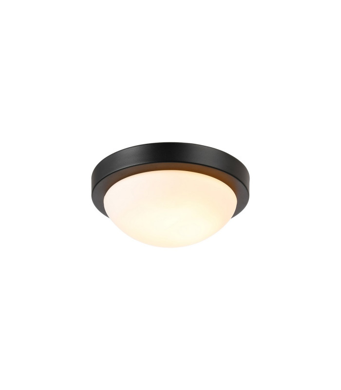 Porter IP44 1 Light E27 25cm Flush Ceiling Light Satin Black With Opal White Glass-1