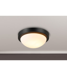 Porter IP44 1 Light E27 25cm Flush Ceiling Light Satin Black With Opal White Glass-2