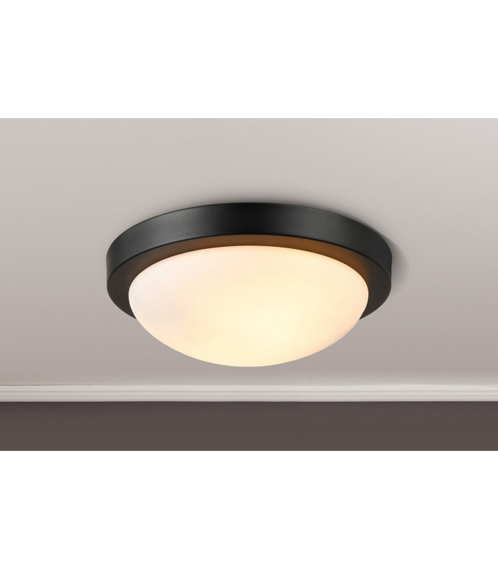 Porter IP44 2 Light E27 32cm Flush Ceiling Light Satin Black With Opal White Glass-2