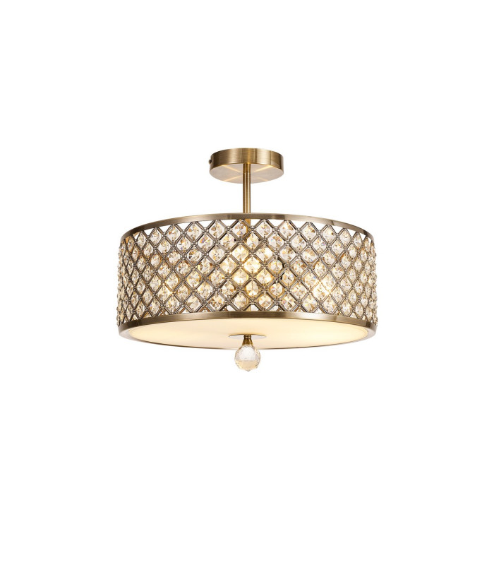 Sasha 3 Light E27 Semi Flush Light 405mm Round Antique Brass With Crystal Glass And Opal Glass Diffuser-1