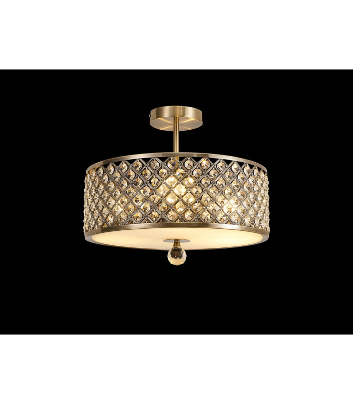 Sasha 3 Light E27 Semi Flush Light 405mm Round Antique Brass With Crystal Glass And Opal Glass Diffuser-2