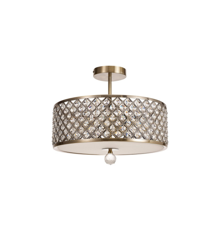 Sasha 3 Light E27 Semi Flush Light 405mm Round Antique Brass With Crystal Glass And Opal Glass Diffuser-3