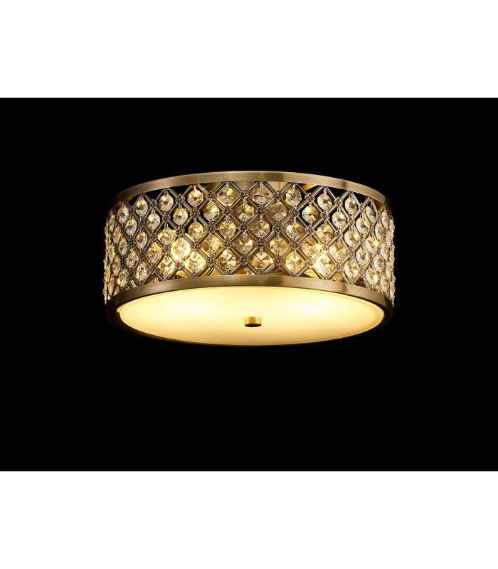 Sasha 2 Light E27 Flush Ceiling Light 300mm Round Antique Brass With Crystal Glass And Opal Glass Diffuser-2