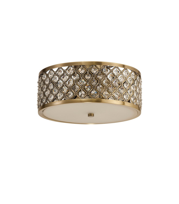 Sasha 2 Light E27 Flush Ceiling Light 300mm Round Antique Brass With Crystal Glass And Opal Glass Diffuser-3