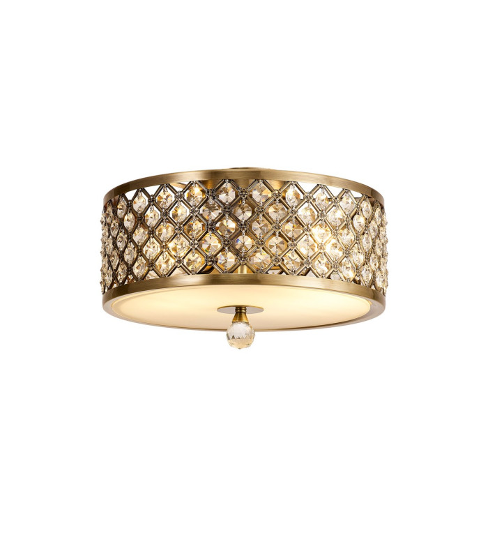 Sasha 2 Light E27 Flush Ceiling Light 300mm Round Antique Brass With Crystal Glass And Opal Glass Diffuser-4