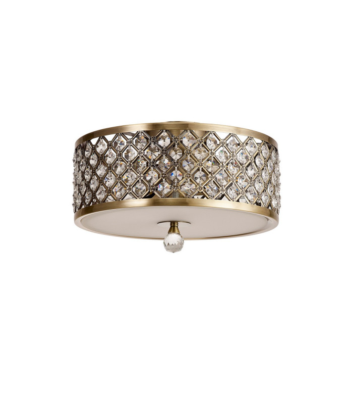 Sasha 2 Light E27 Flush Ceiling Light 300mm Round Antique Brass With Crystal Glass And Opal Glass Diffuser-5