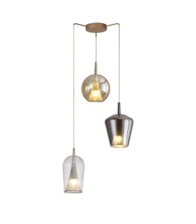 Elsa Pendant With Mixed Shades 3 Light E27 Clear/Chrome/Bronze Glass With Frosted Inner Cone Gold Frame-1