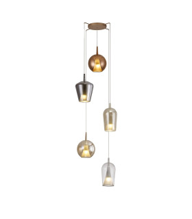 Elsa Pendant With Mixed Shades 5 Light E27 Clear/Chrome/Bronze/Copper Glass With Frosted Inner Cone Gold Frame-1